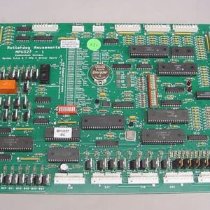 A green computer board with many different wires.